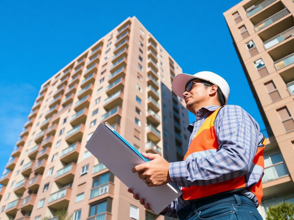 Engenheiro com prancheta inspecionando edifício residencial