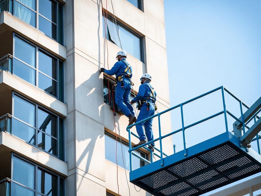 Técnicos em plataforma suspensa realizando manutenção da fachada de um edifício