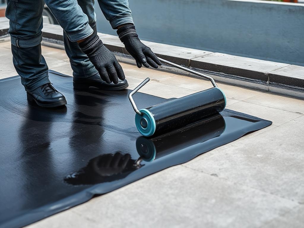 Aplicação de manta líquida de impermeabilização com rolo sobre laje de concreto