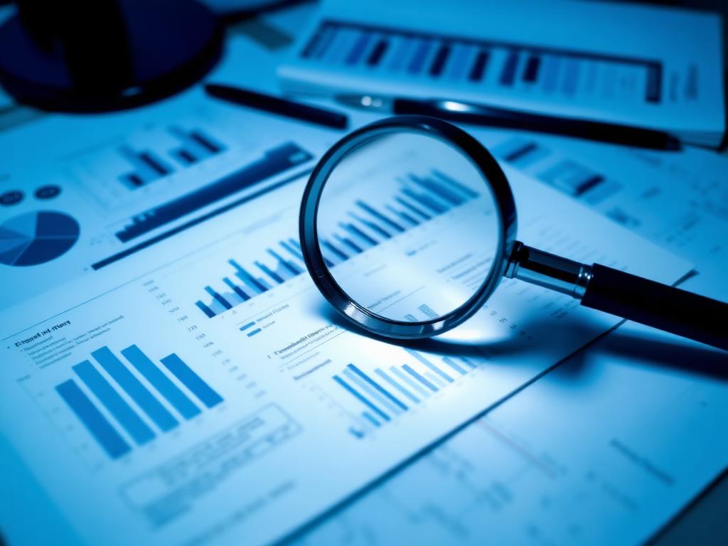 Lupa sobre relatório técnico com gráficos e análises
