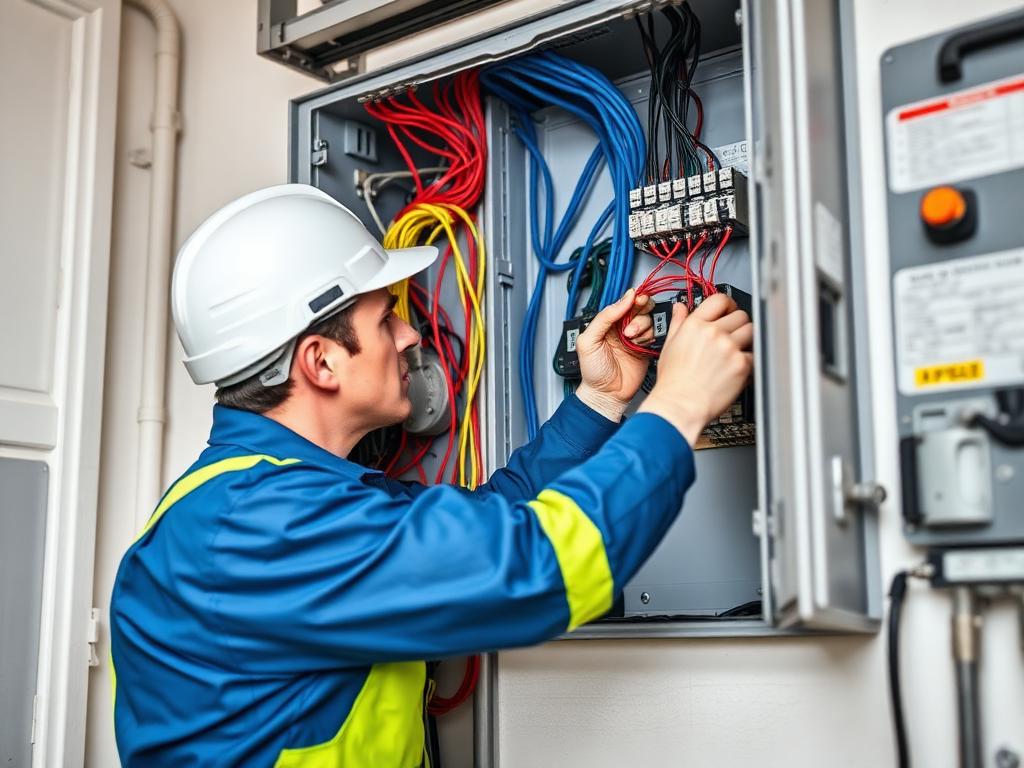 Técnico realizando manutenção elétrica em quadro de distribuição predial