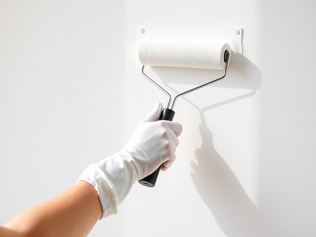 Profissional aplicando pintura em parede com rolo