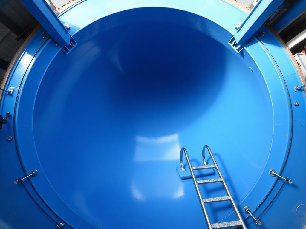 Interior de reservatório de água revestido com pintura impermeabilizante azul